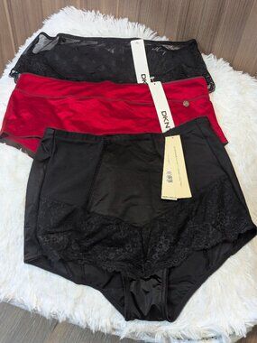 LOT OF 3 NWT DKNY  Panties Large Black Firm Control Shapewear Red Mesh Hipsters
